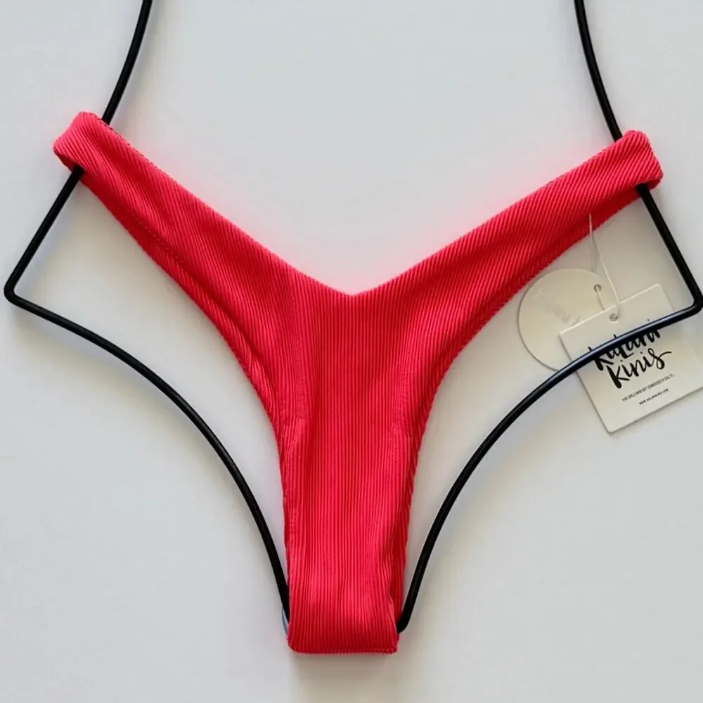 Kulani Kinis Y Cheeky Bikini Bottom - Watermelon Ribbed, Size Large, NWT
